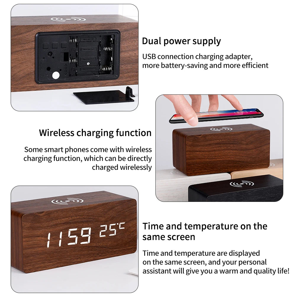 Sveglia digitale moderna in legno con LED, termometro, caricabatterie wireless e base di ricarica wireless Qi. Sveglia a LED