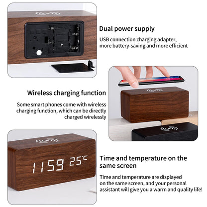 Sveglia digitale moderna in legno con LED, termometro, caricabatterie wireless e base di ricarica wireless Qi. Sveglia a LED