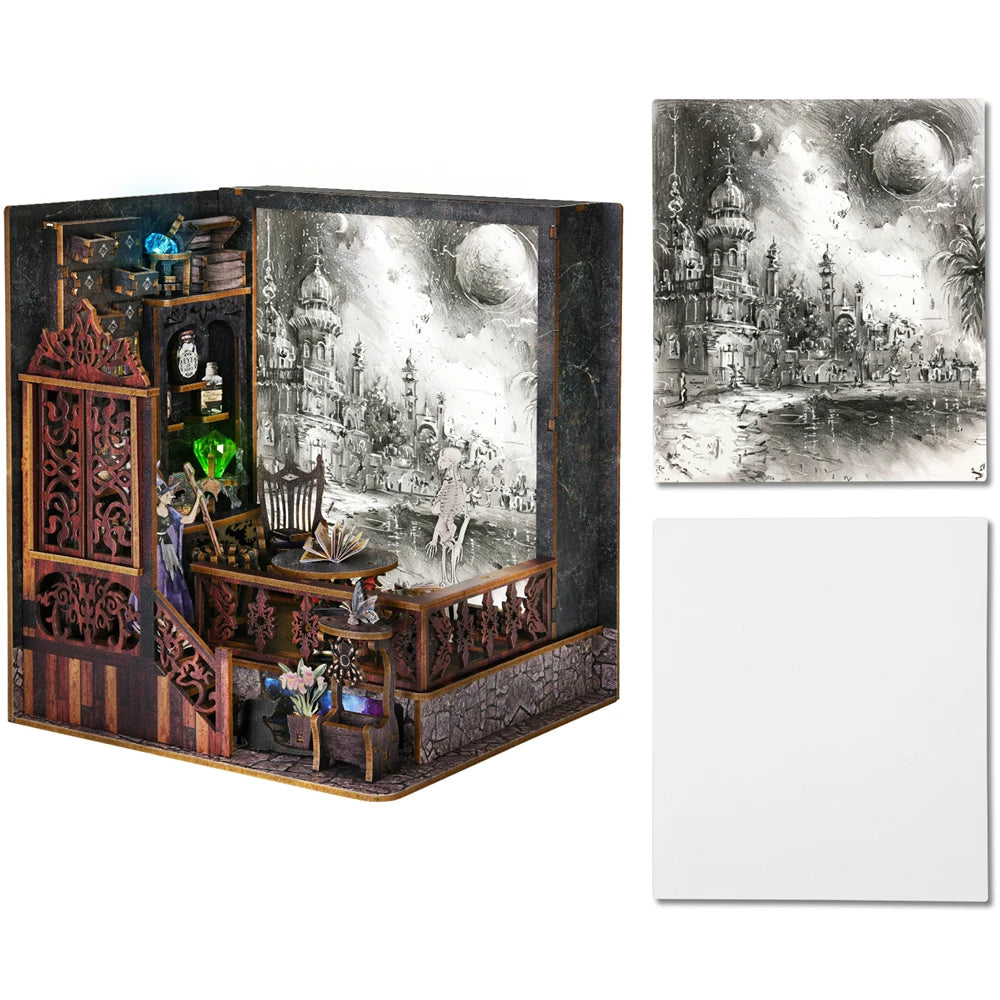 Kit per angolo lettura Magic Town fai da te Puzzle in legno con luce, immagine, libreria, inserto, decorazione, modello difermalibri, costruzione, decorazione per la casa