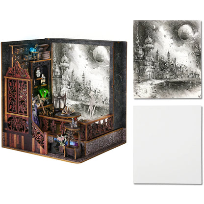 Kit per angolo lettura Magic Town fai da te Puzzle in legno con luce, immagine, libreria, inserto, decorazione, modello difermalibri, costruzione, decorazione per la casa