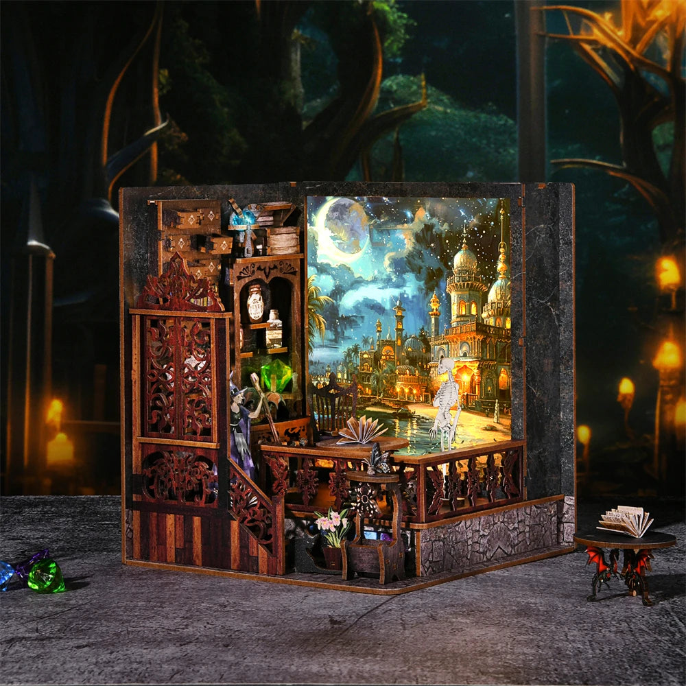 Kit per angolo lettura Magic Town fai da te Puzzle in legno con luce, immagine, libreria, inserto, decorazione, modello difermalibri, costruzione, decorazione per la casa