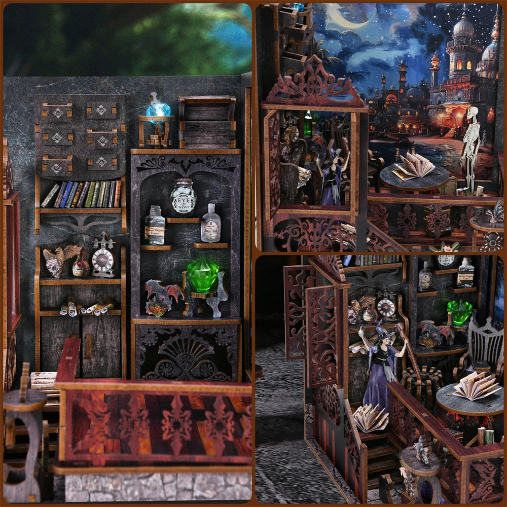 Kit per angolo lettura Magic Town fai da te Puzzle in legno con luce, immagine, libreria, inserto, decorazione, modello difermalibri, costruzione, decorazione per la casa