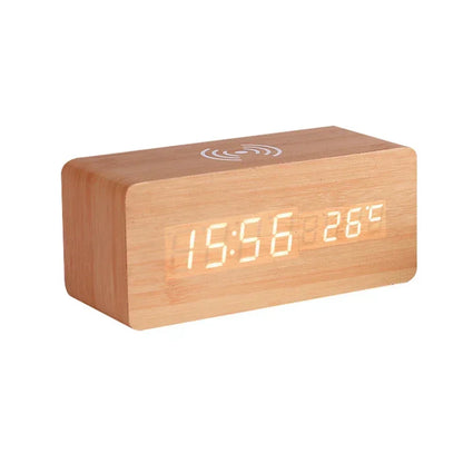 Sveglia digitale moderna in legno con LED, termometro, caricabatterie wireless e base di ricarica wireless Qi. Sveglia a LED