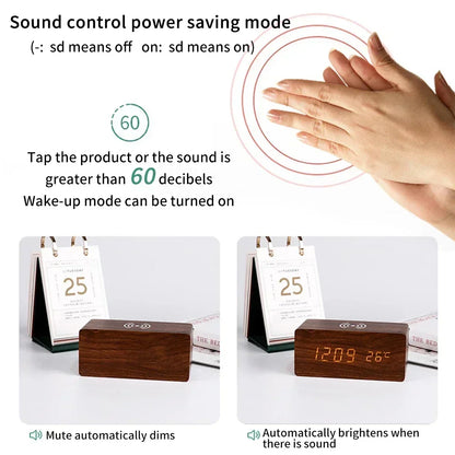 Sveglia digitale moderna in legno con LED, termometro, caricabatterie wireless e base di ricarica wireless Qi. Sveglia a LED