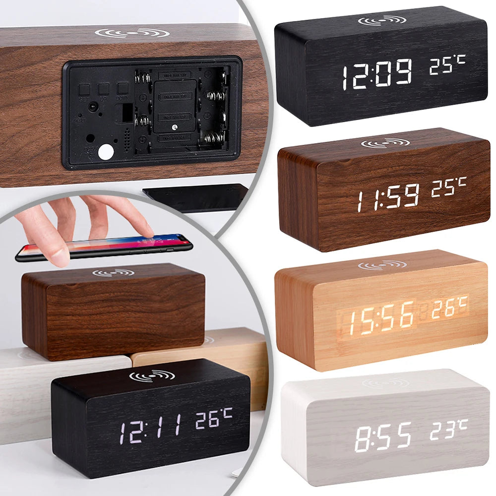 Sveglia digitale moderna in legno con LED, termometro, caricabatterie wireless e base di ricarica wireless Qi. Sveglia a LED