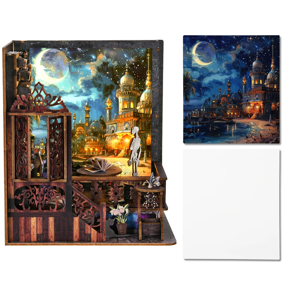 Kit per angolo lettura Magic Town fai da te Puzzle in legno con luce, immagine, libreria, inserto, decorazione, modello difermalibri, costruzione, decorazione per la casa