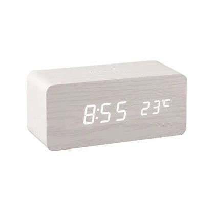 Sveglia digitale moderna in legno con LED, termometro, caricabatterie wireless e base di ricarica wireless Qi. Sveglia a LED