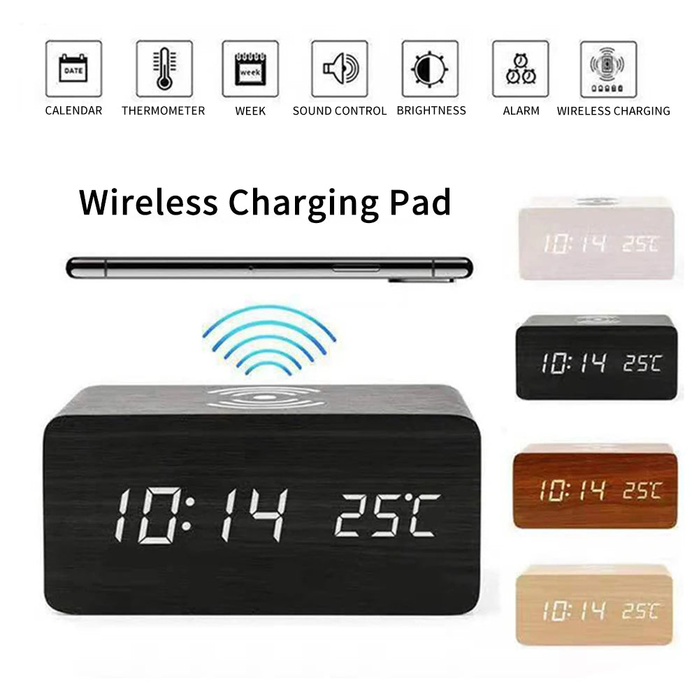 Sveglia digitale moderna in legno con LED, termometro, caricabatterie wireless e base di ricarica wireless Qi. Sveglia a LED