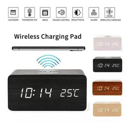Sveglia digitale moderna in legno con LED, termometro, caricabatterie wireless e base di ricarica wireless Qi. Sveglia a LED