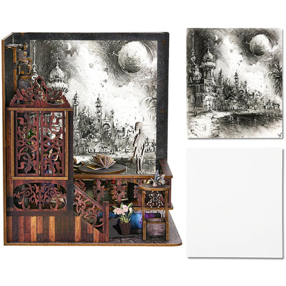 Kit per angolo lettura Magic Town fai da te Puzzle in legno con luce, immagine, libreria, inserto, decorazione, modello difermalibri, costruzione, decorazione per la casa