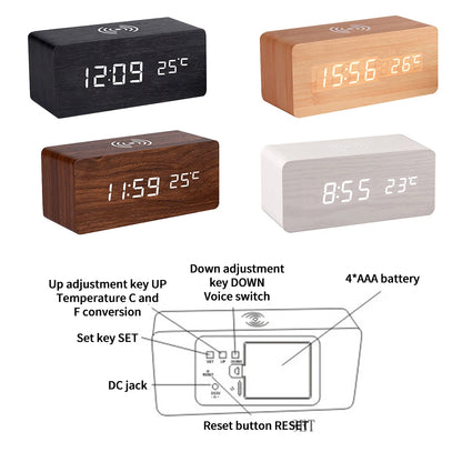 Sveglia digitale moderna in legno con LED, termometro, caricabatterie wireless e base di ricarica wireless Qi. Sveglia a LED