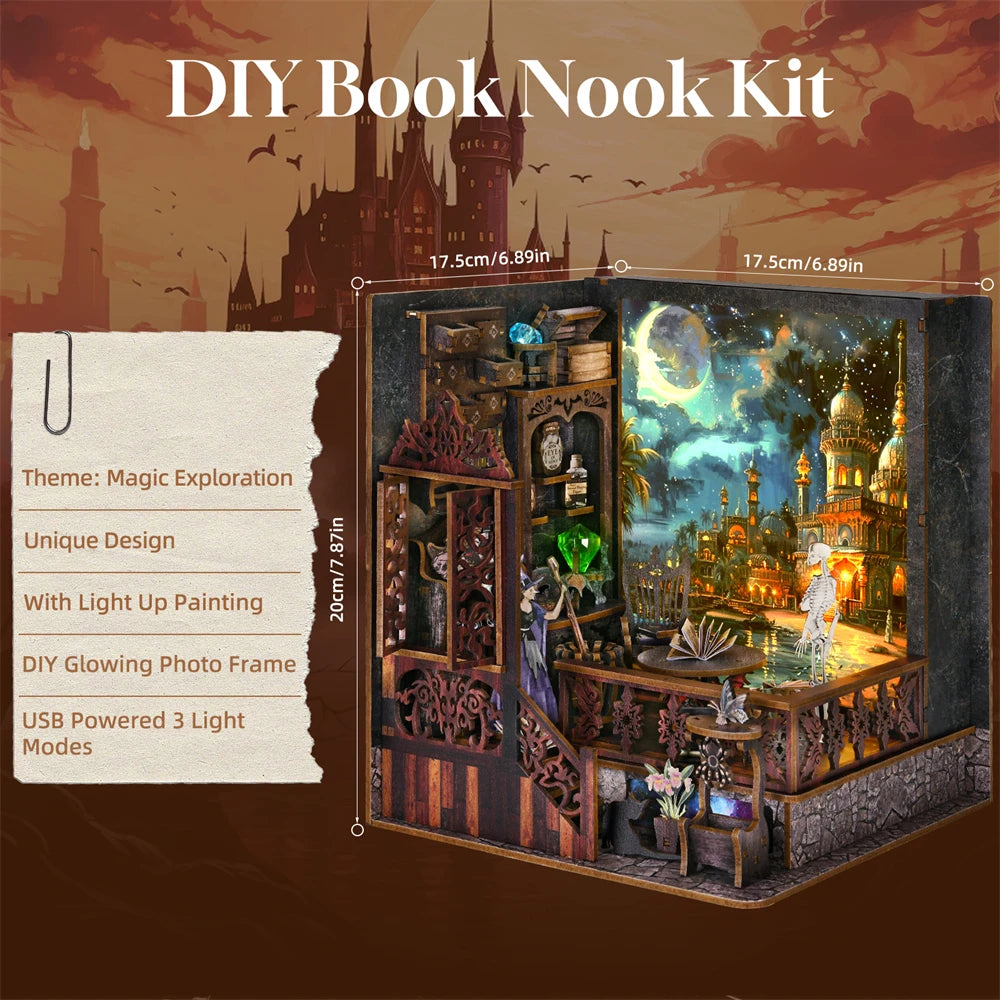 Kit per angolo lettura Magic Town fai da te Puzzle in legno con luce, immagine, libreria, inserto, decorazione, modello difermalibri, costruzione, decorazione per la casa