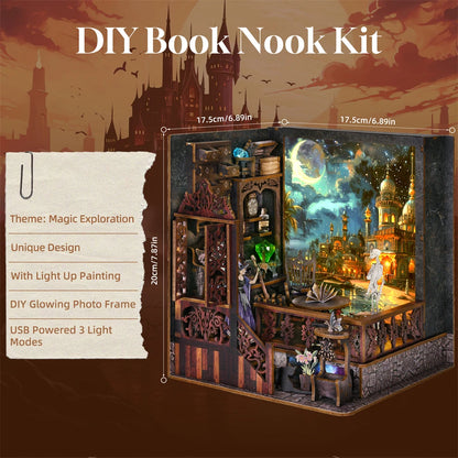 Kit per angolo lettura Magic Town fai da te Puzzle in legno con luce, immagine, libreria, inserto, decorazione, modello difermalibri, costruzione, decorazione per la casa