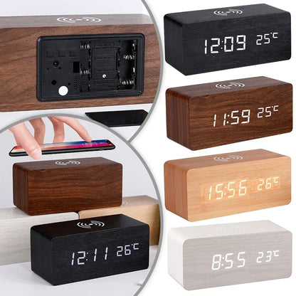 Sveglia digitale moderna in legno con LED, termometro, caricabatterie wireless e base di ricarica wireless Qi. Sveglia a LED