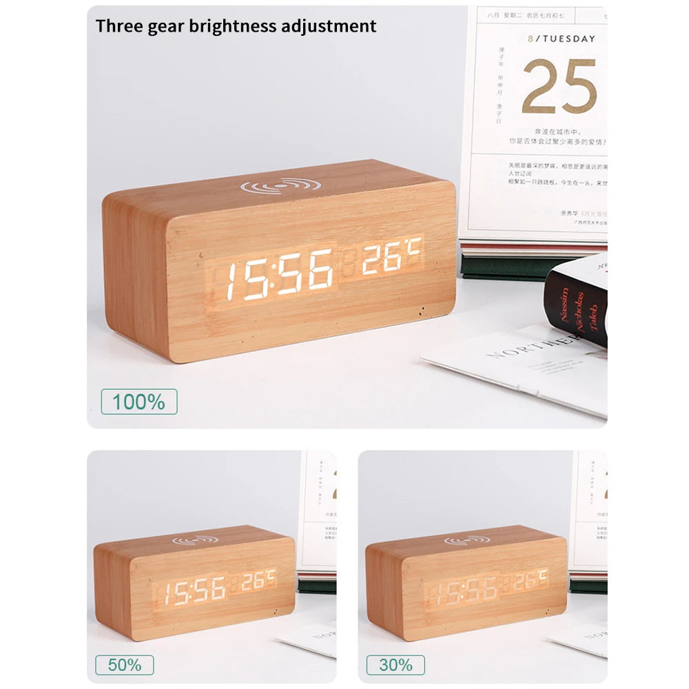 Sveglia digitale moderna in legno con LED, termometro, caricabatterie wireless e base di ricarica wireless Qi. Sveglia a LED